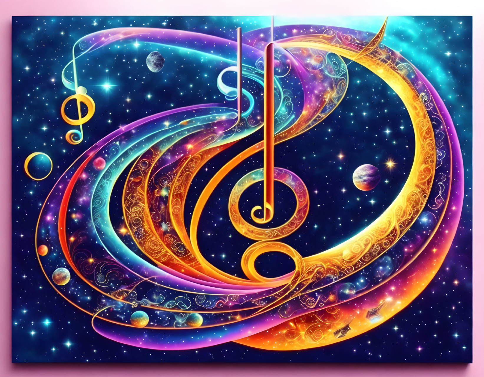 Vibrant cosmic image with golden patterns, musical notes, planets, and starry space.