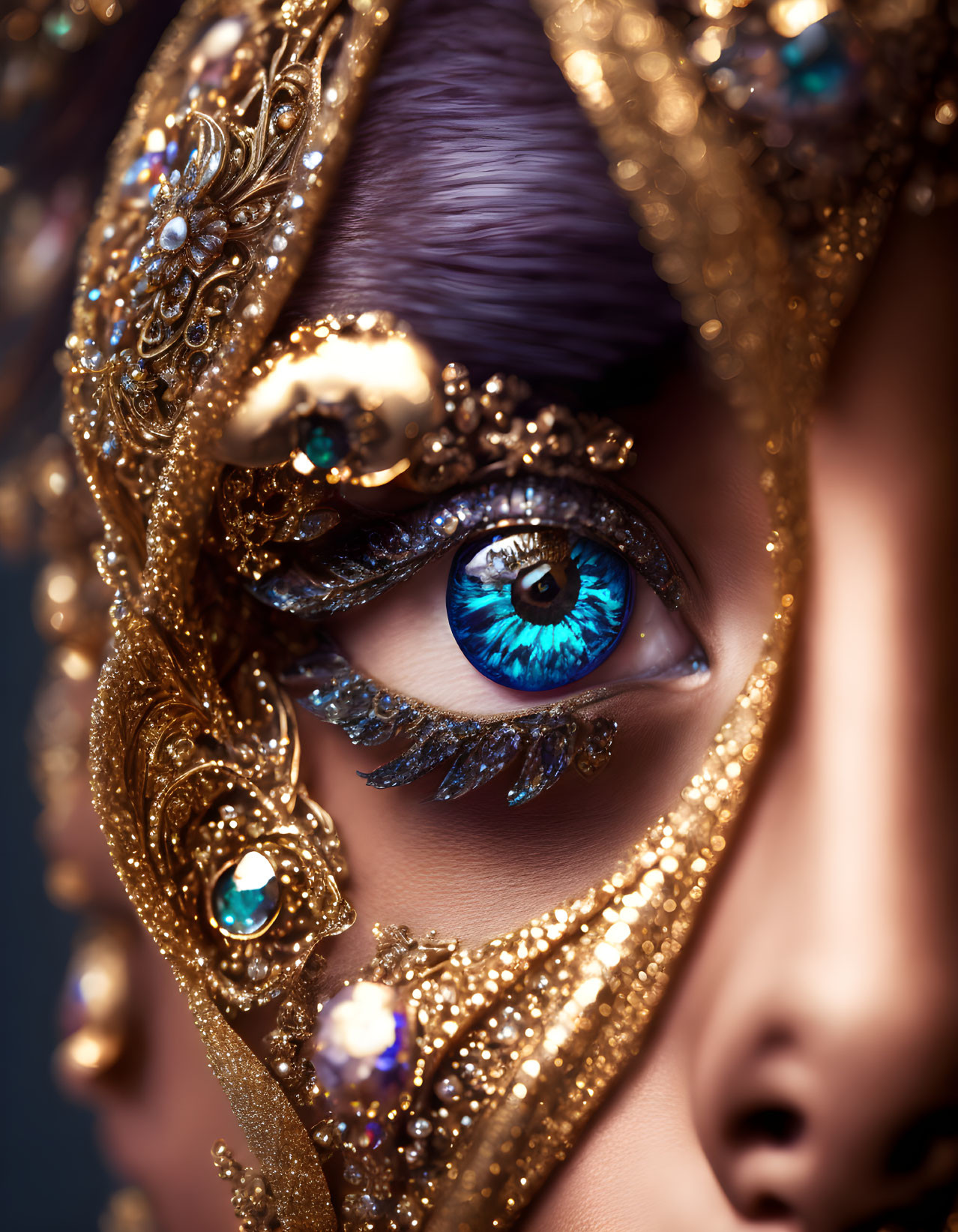 Detailed Close-Up of Person in Ornate Golden Mask with Jewels and Striking Blue Eye