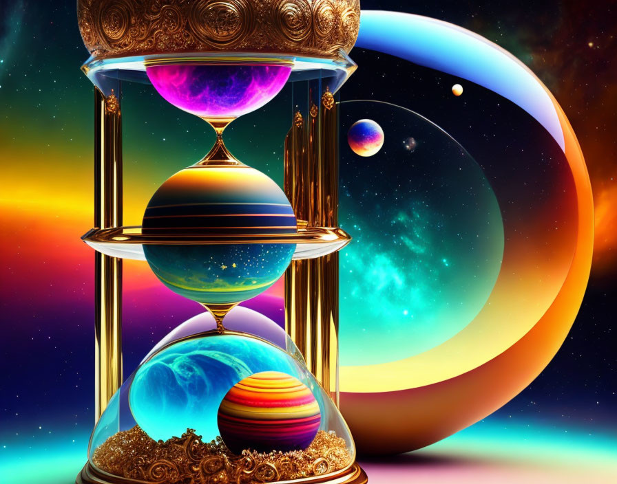 Colorful digital artwork: Hourglass with planetary sand, cosmic background