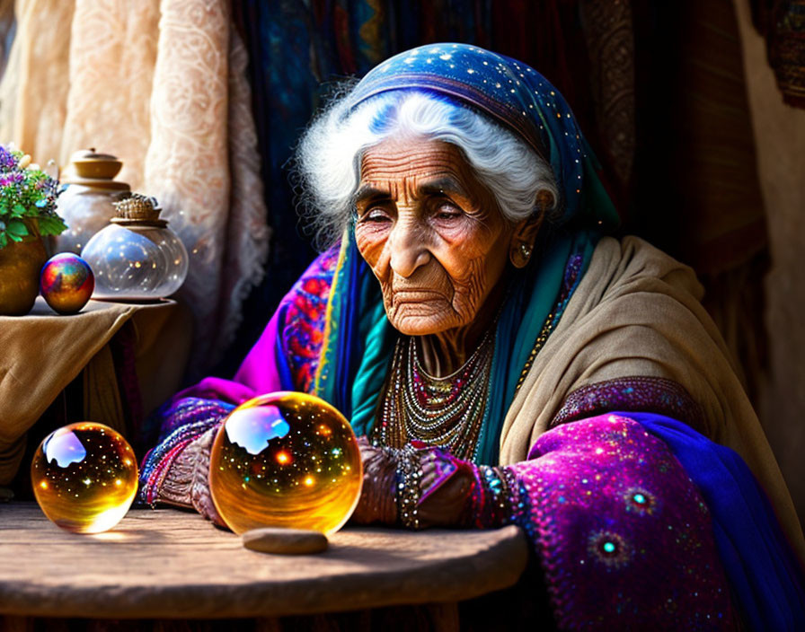 Elderly woman in blue headscarf with crystal balls on table