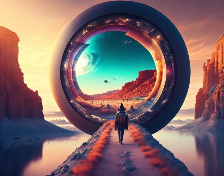 Person walking toward futuristic portal in surreal desert landscape