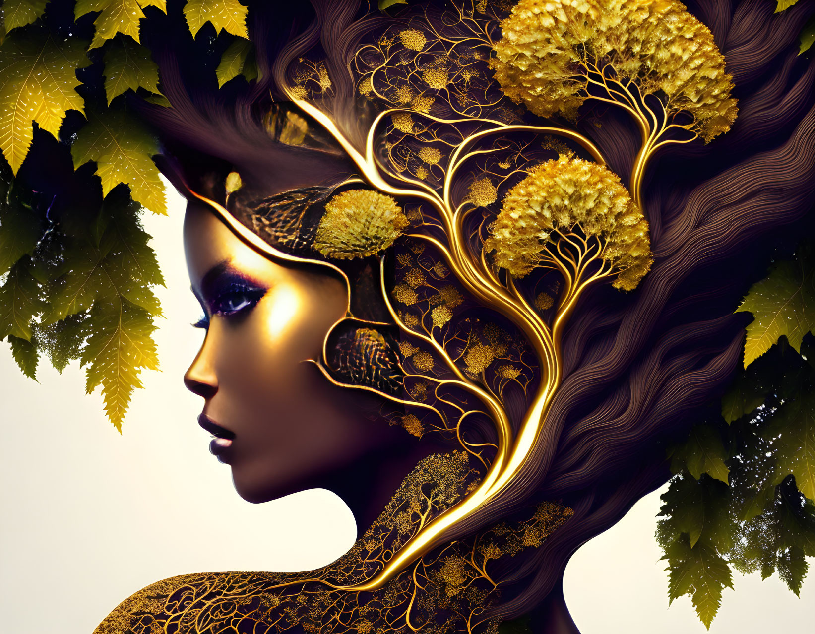 Digital artwork: Woman with golden tree branches & autumn leaves in hair