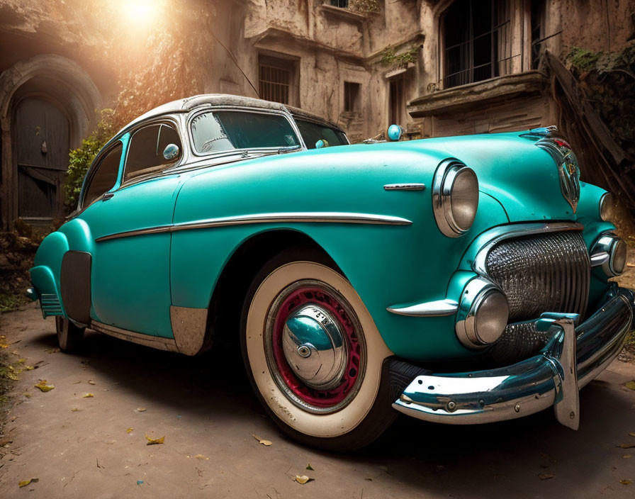 Vintage Turquoise Car with Chrome Details Parked in Overgrown Courtyard