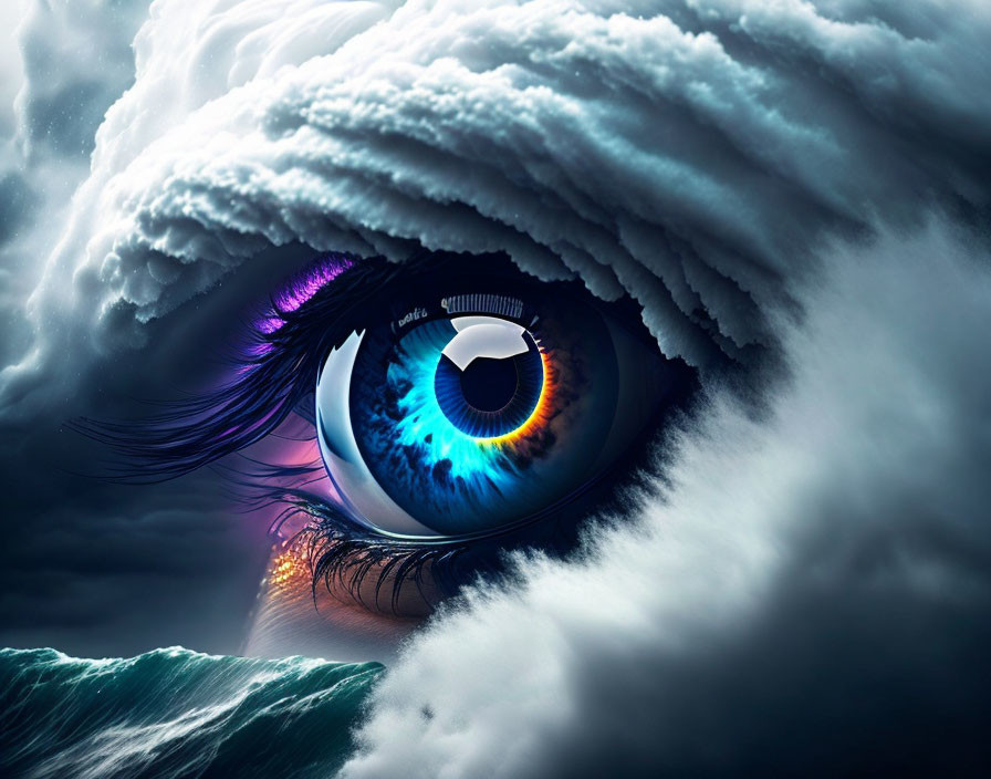 Surreal image of human eye merging with stormy waves and cloudy sky