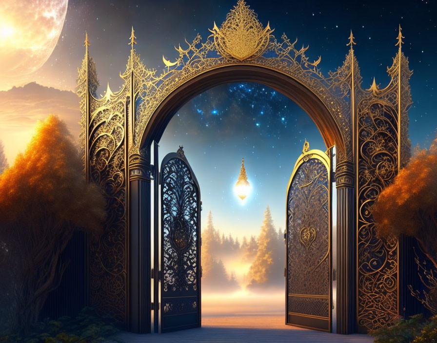 Ornate open gateway with starry night sky above misty forest landscape