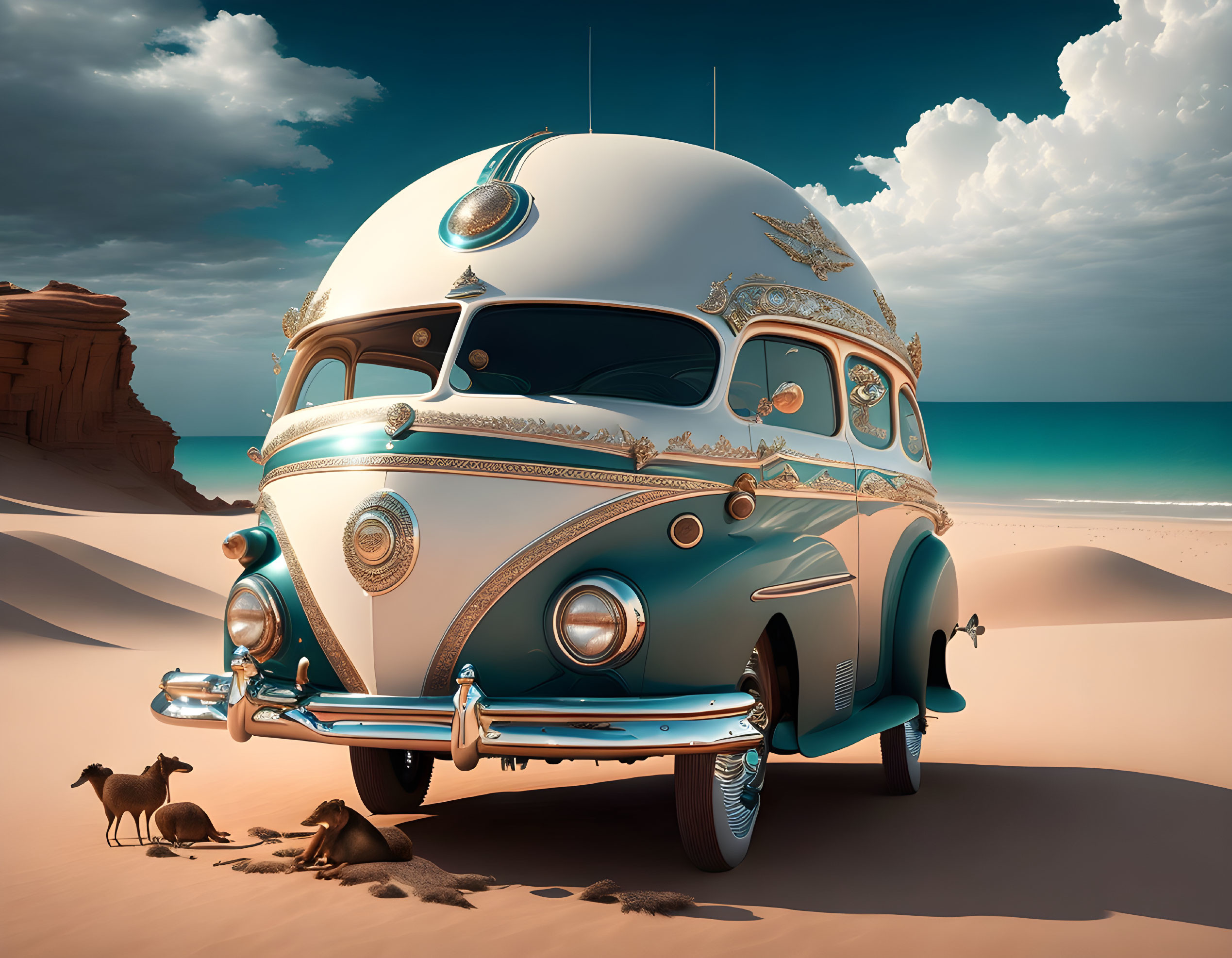 Ornate Retro Bus in Desert with Camels & Sea