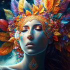 Colorful Floral Headpiece Adorns Woman's Face in Digital Art