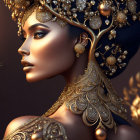 Detailed 3D rendering of woman in golden jewelry and headpieces