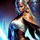 Illustrated warrior woman with silver hair and glowing blue sword in cosmic scene