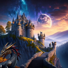 Majestic cliff-top castle under starlit sky with winding staircase