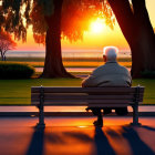 Elderly person sitting on park bench under vibrant sunset