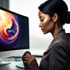 Professional Woman at Desk with Colorful Abstract Art Displayed