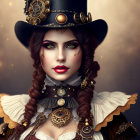 Steampunk-inspired digital artwork of woman in elaborate outfit