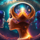 Interconnected cosmic faces depict celestial woman and universe birth