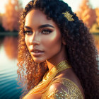 Curly-Haired Woman in Golden Attire by Autumn Lake