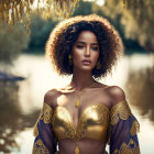 Voluminous curly hair woman in gold and purple dress poses under tree branches