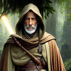 Bearded man with lightsaber in forest setting art