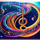 Vibrant cosmic image with golden patterns, musical notes, planets, and starry space.