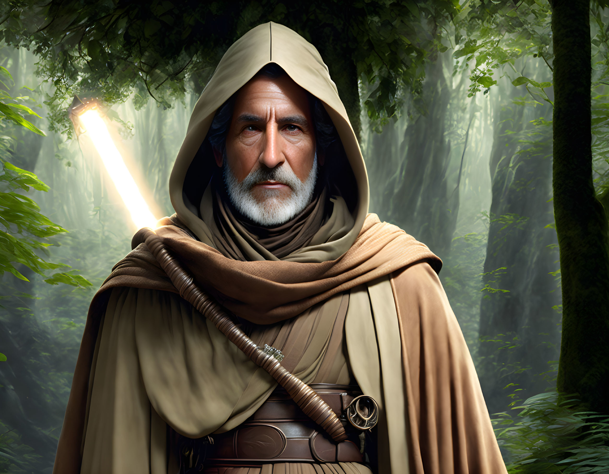 Bearded man with lightsaber in forest setting art