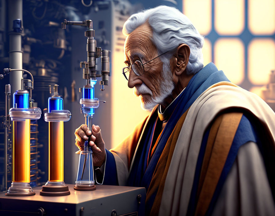 Elderly animated scientist with white hair and beard in laboratory scene