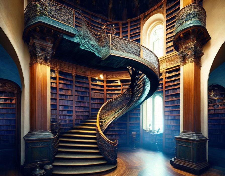 Elegant library with ornate spiral staircase and book-filled shelves