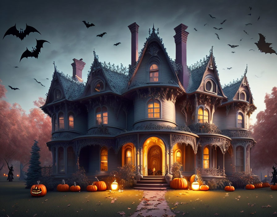 Gothic-style haunted house with jack-o'-lanterns and bats in eerie dusk glow