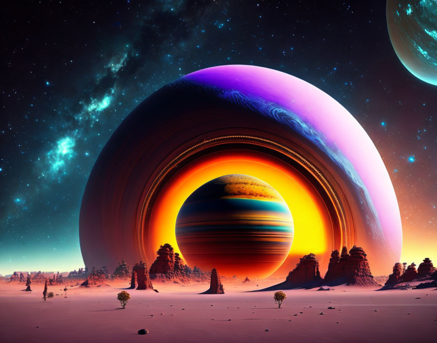 Alien desert landscape with ringed planets in starry sky