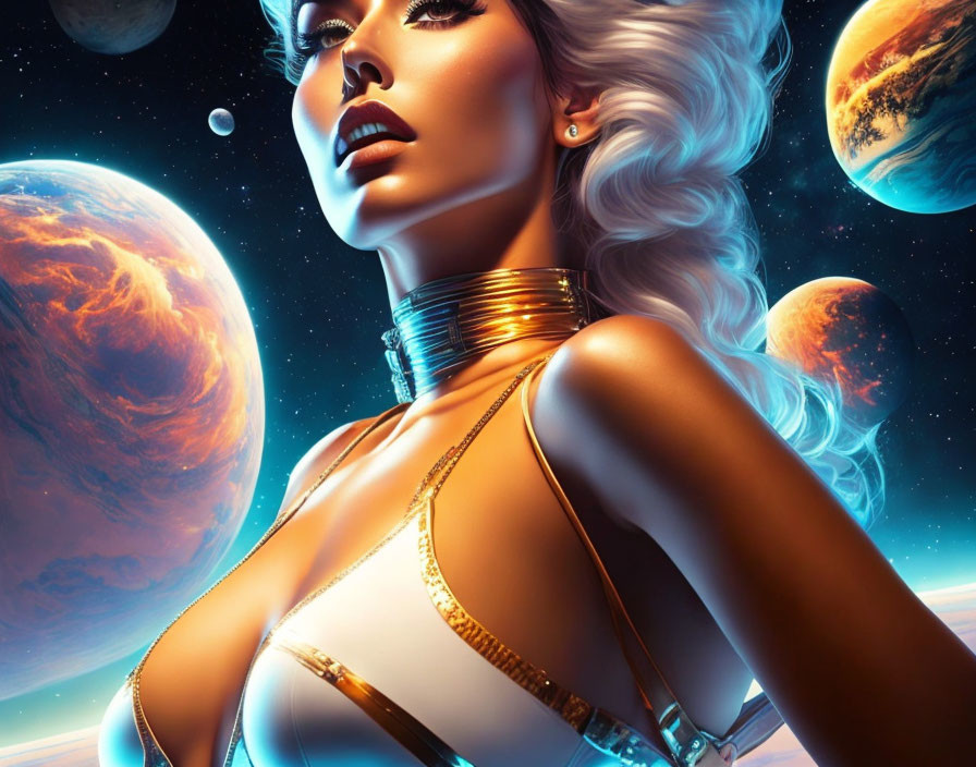 Futuristic woman in digital art with celestial backdrop