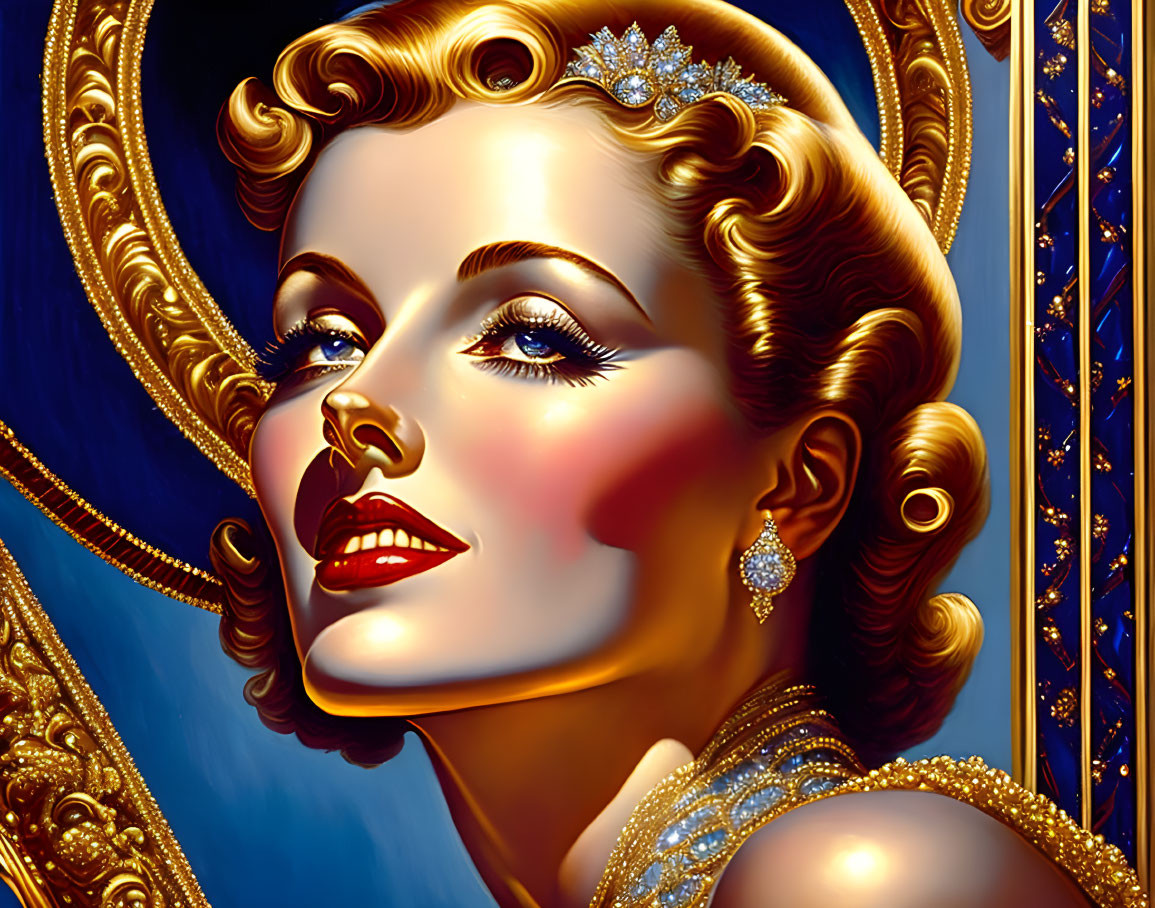 Glamorous woman with golden hair and tiara in a golden dress, framed by ornate mirror