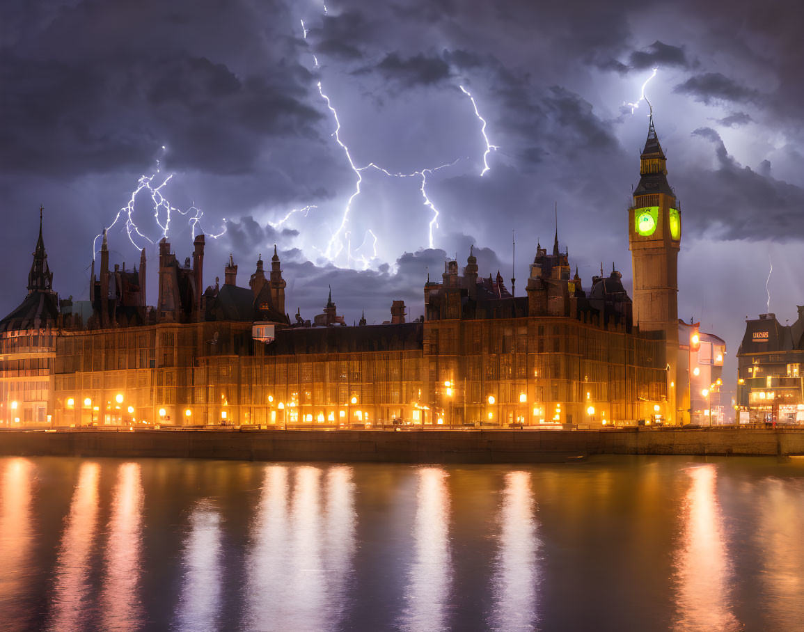 Night scene: Lightning over Houses of Parliament and Big Ben in London with Thames reflections