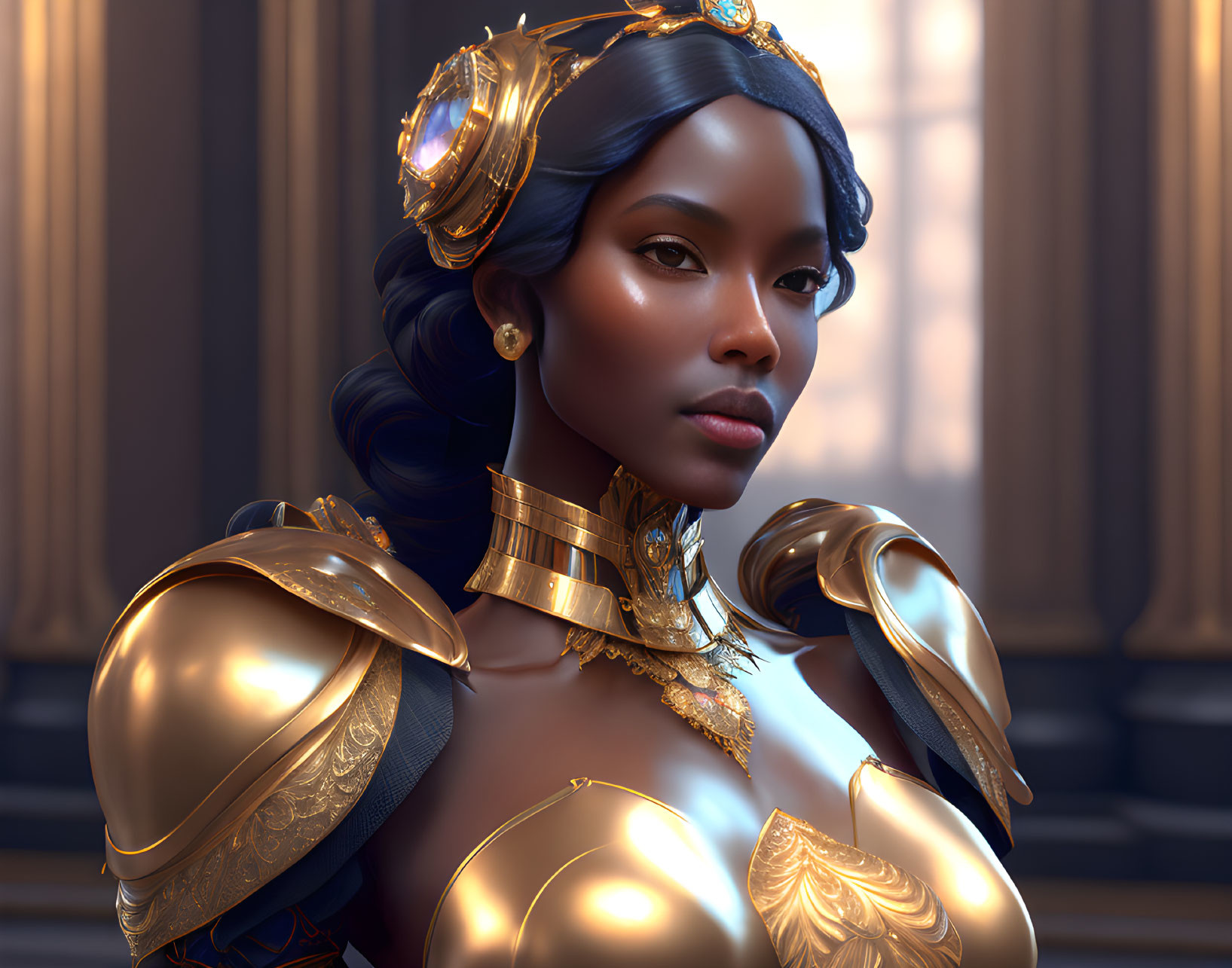 Regal woman in golden armor with headset by classical columns