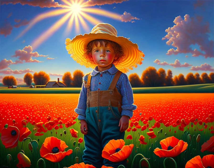 Child in straw hat and overalls in red poppy field at sunset