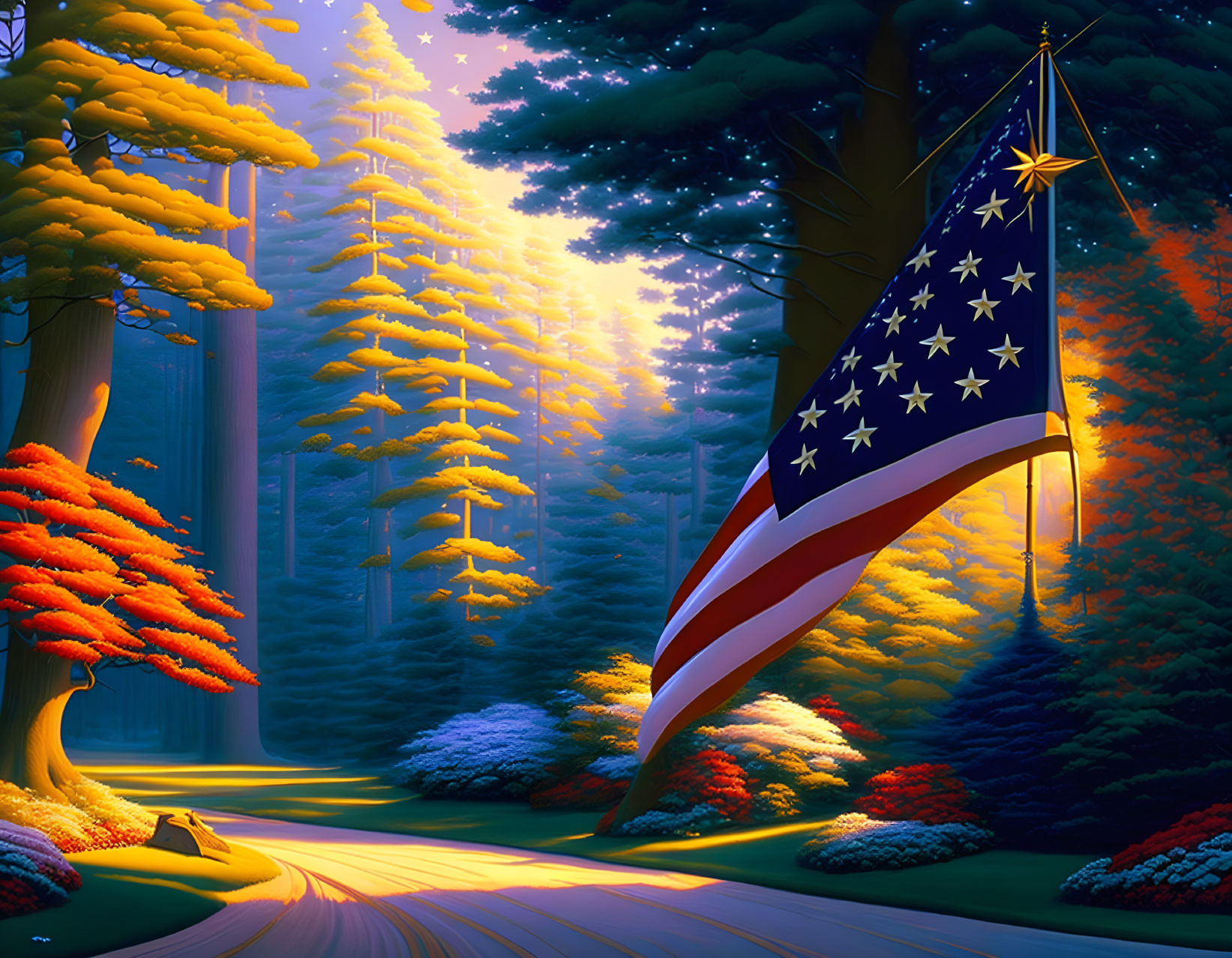 Vertical American flag in vibrant magical forest with glowing path