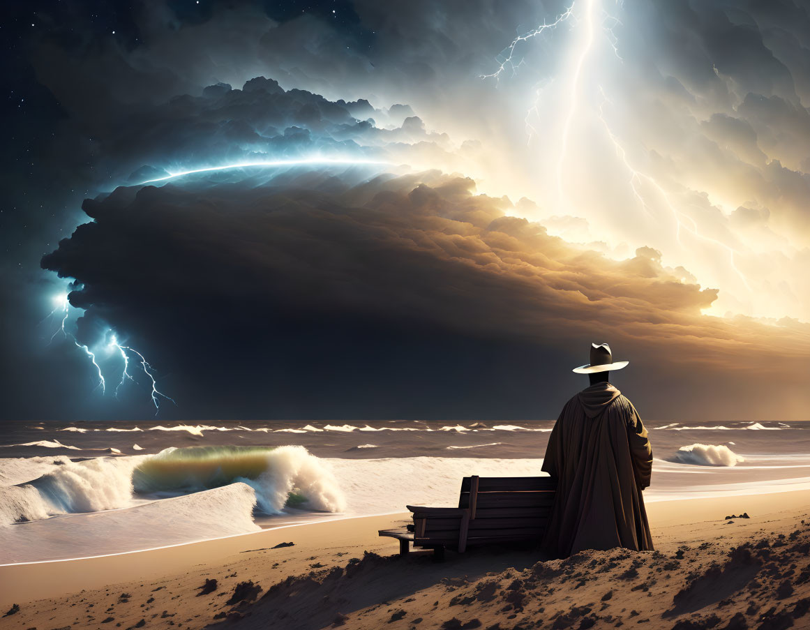 Mysterious figure on beach under stormy sky