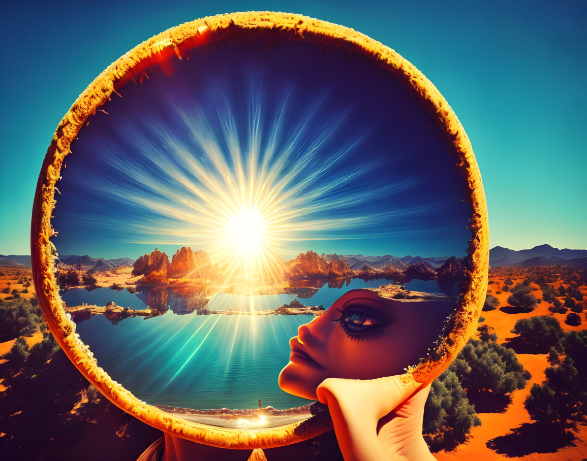 Surreal desert landscape with giant eye in circular frame