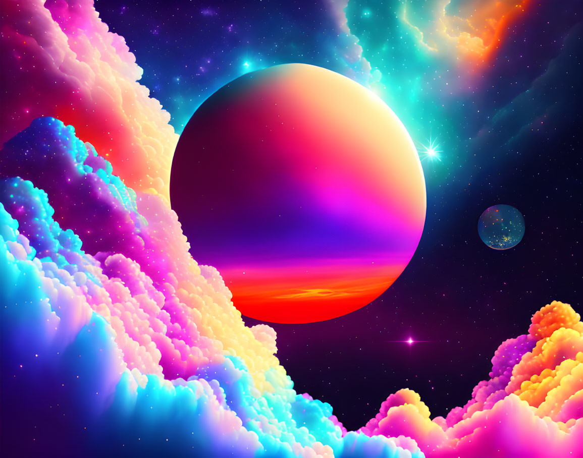 Colorful planet, glowing horizon, starry sky, nebulous clouds in blue, pink, and