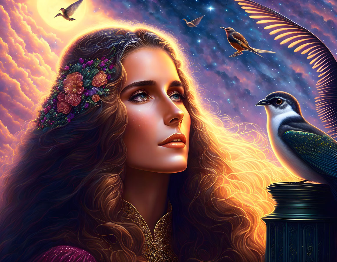 Woman with flowing hair and flowers, birds, fiery sky portrait.