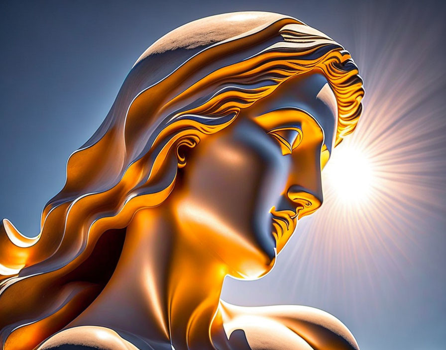 Golden figure with flowing hair in digital illustration