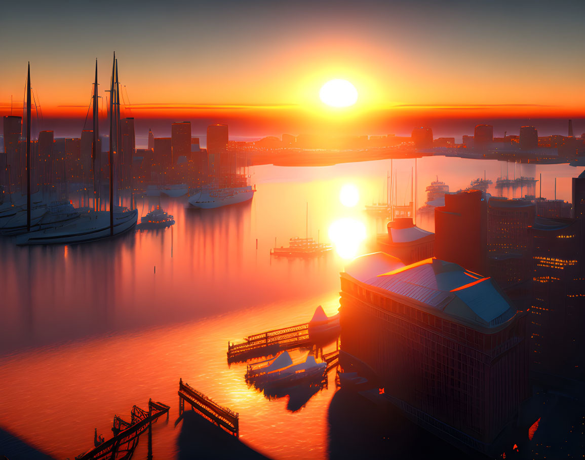 Colorful sunset scene over harbor with boats, skyscrapers, and bridge.