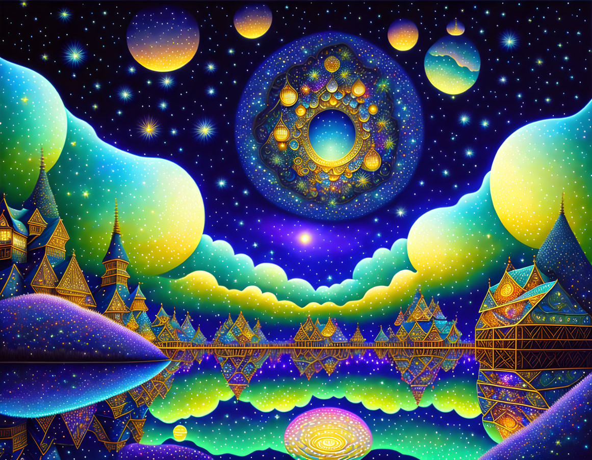 Whimsical artwork of starry night sky, floating islands, and fantastical architecture