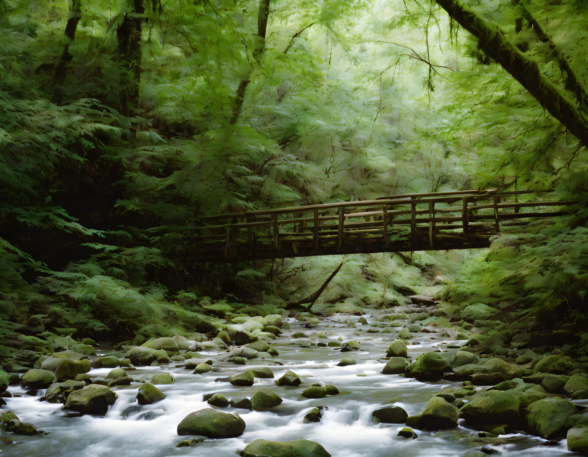 Tranquil woodland scene with rustic wooden bridge over flowing stream