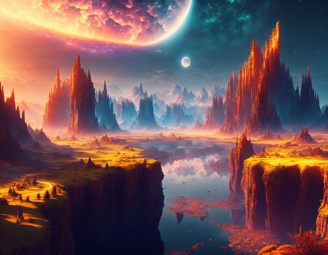 Majestic rock formations, serene lake, cosmic sky in fantastical landscape