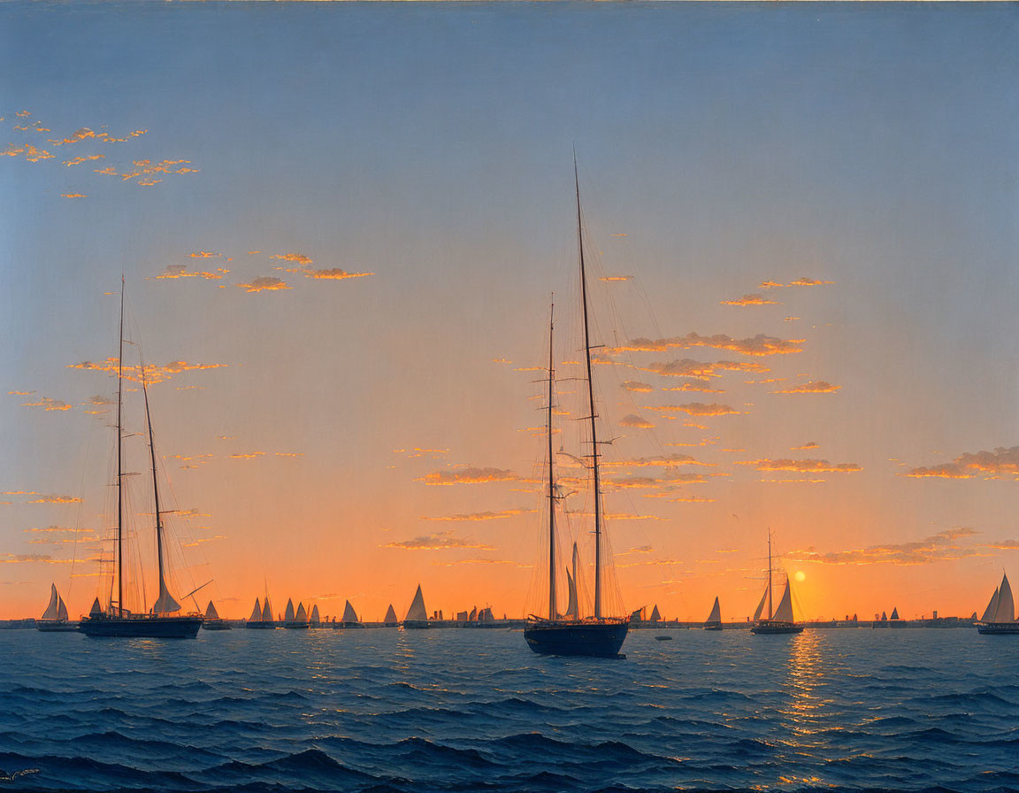 Tranquil sailboats and yachts on sunset seascape