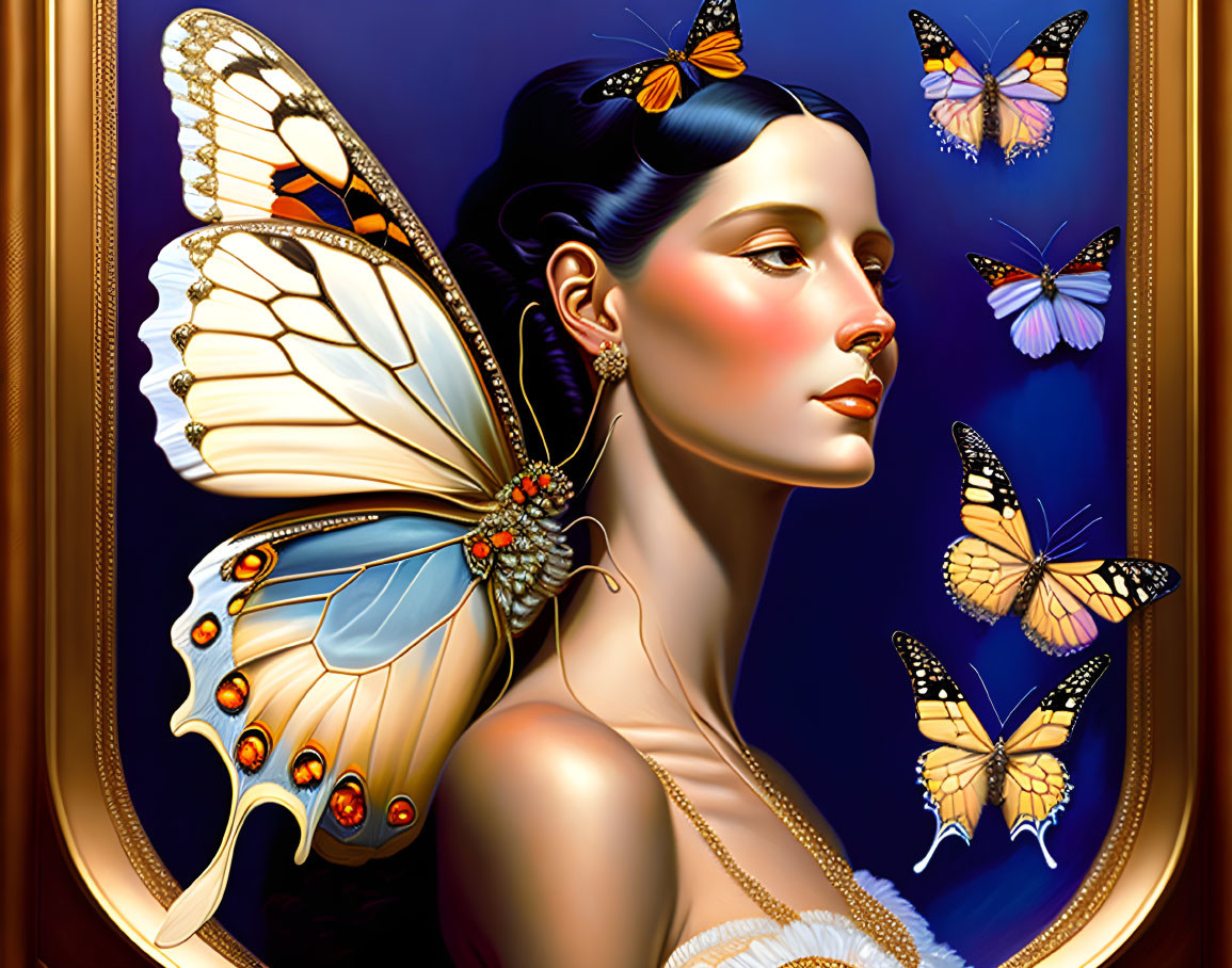 Illustrated portrait of woman with butterfly wing hair and butterflies on blue background