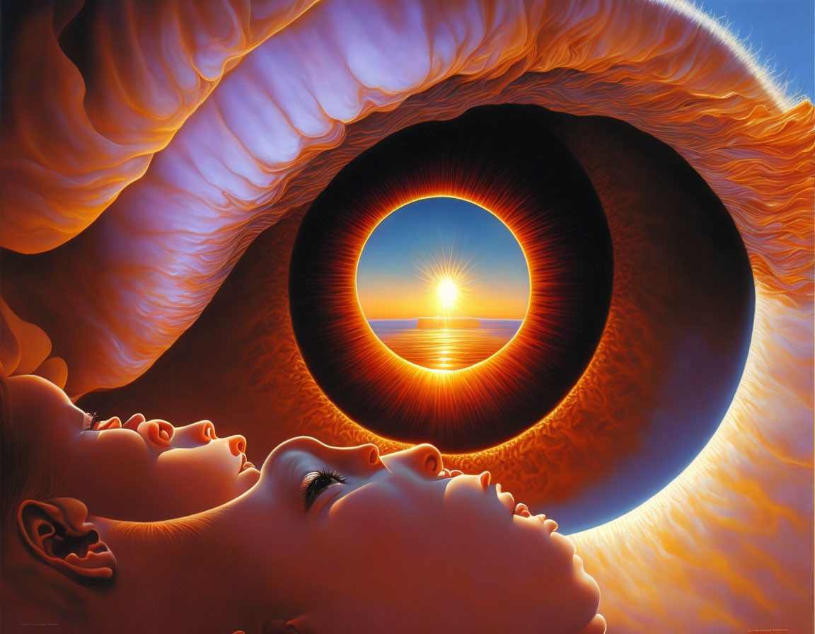 Detailed Artistic Illustration: Two Faces with Enlarged Eye Reflecting Sunset