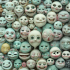 Stylized round faces with smiley expressions and pastel colors and accessories