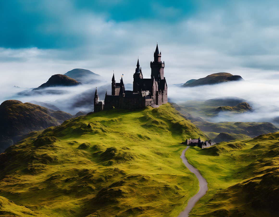 Majestic castle on hilltop in fantasy landscape