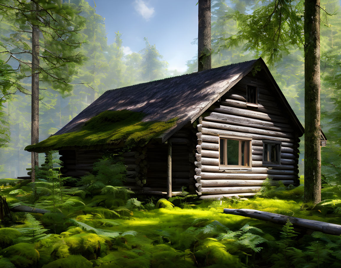 Rustic log cabin with mossy roof in sunlit forest