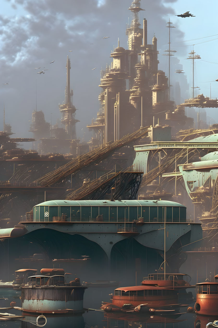 Futuristic cityscape with towering structures and airborne vehicles