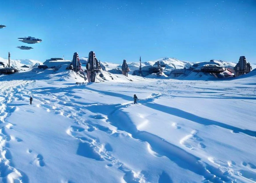 Futuristic snowy landscape with figures and vehicles